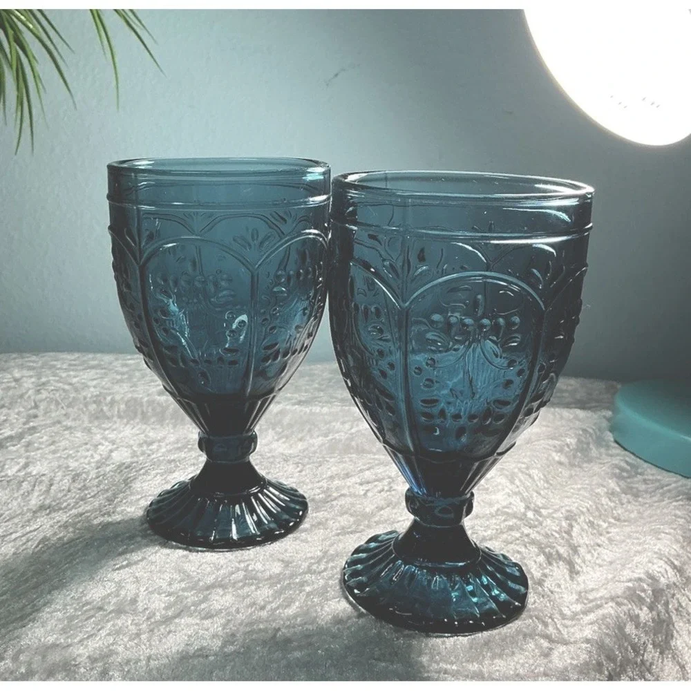 Vintage 2 Indiana Glass Tiara Bicentennial Blue Footed Water Goblets